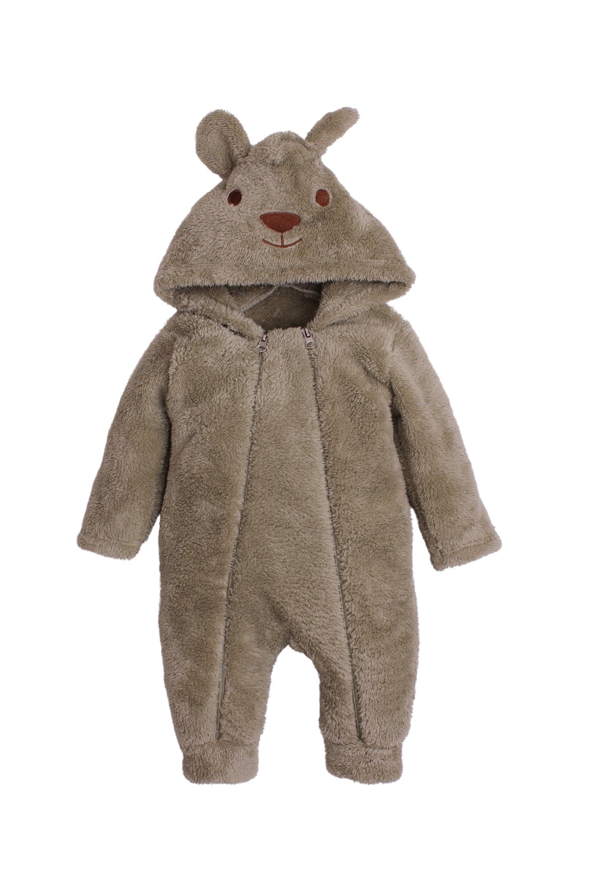 Unisex Bebek Peluş Kulaklı Ayıcık Tulum Fermuarlı Kapüşonlu 0-12 Ay
